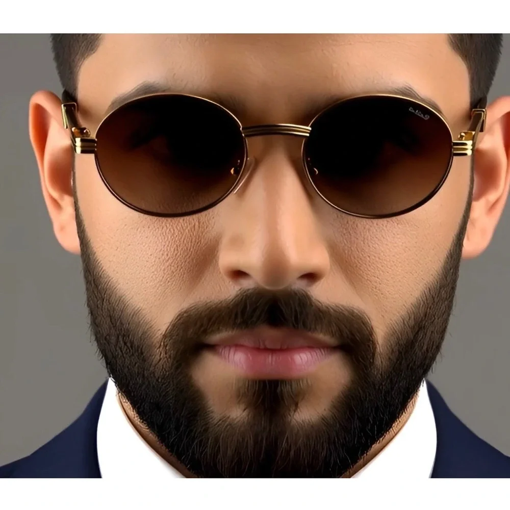 Mens Gold Round Sunglasses Hip Hop Brown Gradient Lenses Vintage Style Cholo New